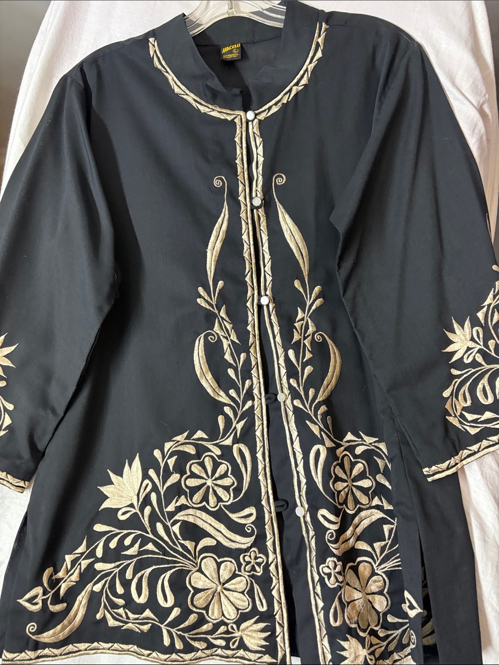 Vintage Marcellus Black Tunic with Gold Floral Embroidery